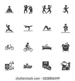 Healthy lifestyle vector icons set, modern solid symbol collection, filled style pictogram pack. Signs, logo illustration. Set includes icons as sport exercises, lotos yoga poses, healthy food, sleep