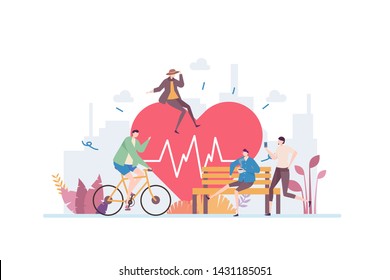 Healthy Lifestyle Vector Illustration Concept Showing Young Active People Spending Time Outdoors, Suitable for landing page, ui, web, mobile app intro card, editorial print, flyer, and banner.