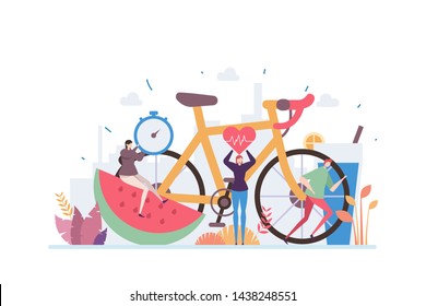 Healthy Lifestyle Vector Illustration Concept Showing young active people love exercise and healthy diet, Suitable for landing page, ui, web, App intro card, editorial, flyer, and banner.