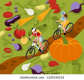 Healthy lifestyle vector illustration, dieting, biking and nutrition. Fresh vegetables and exercising. Isometric concept
