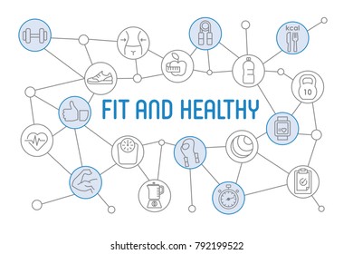 Healthy lifestyle vector illustration with icons, workout, sports, fitness and nutrition