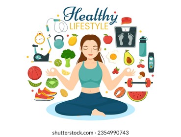 Healthy Lifestyle Vector Illustration with Organic Vegetables or Fruit, Sport and Workout in Flat Cartoon Hand Drawn Background Design Templates