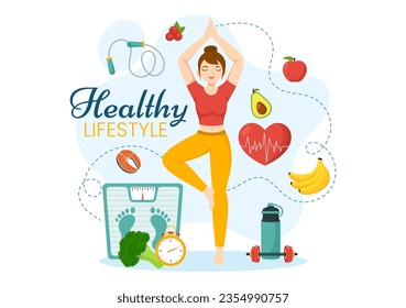 Healthy Lifestyle Vector Illustration with Organic Vegetables or Fruit, Sport and Workout in Flat Cartoon Hand Drawn Background Design Templates