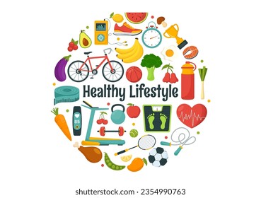 Healthy Lifestyle Vector Illustration with Organic Vegetables or Fruit, Sport and Workout in Flat Cartoon Hand Drawn Background Design Templates