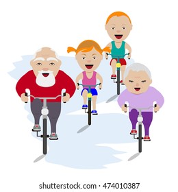 Healthy lifestyle. Vector illustration of seniors and kids riding on bicycle