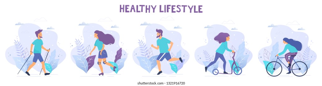 Healthy lifestyle vector illustrations. Nordic walking, running, roller skates, kick scooter, bicycle