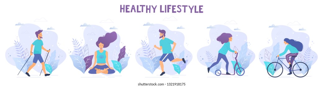 Healthy lifestyle vector illustrations. Nordic walking, running, roller skates, kick scooter, bicycle, yoga