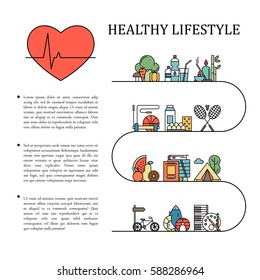 Healthy lifestyle vector infographic information in line style with heart shape. Natural life background illustration. Proper nutrition and physical activity. Colorful icons set isolated.