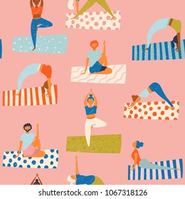 Healthy lifestyle. Vector seamless pattern with yoga class with people meditating and doing breathing exercise.