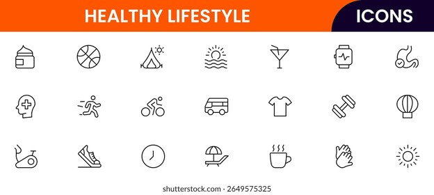 Healthy and lifestyle vector web line icon collection, sleek illustrations of fitness, travel, EV living, and wellness for vibrant, modern designs.
