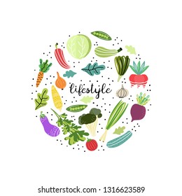 Healthy lifestyle. Vegetables arranged in circle. Concept of fresh and organic products. Isolated cartoon illustration for kid game, book, t-shirt, textile, etc.