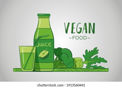 Healthy lifestyle, vegetarian food for weight loss. Vector illustration apples, carrots, broccoli, freshly squeezed juice. One color: green.