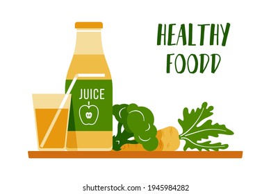 Healthy lifestyle, vegetarian food for weight loss. Vector illustration of fruits and vegetables, freshly squeezed juice. Two colors: orange, green-03.