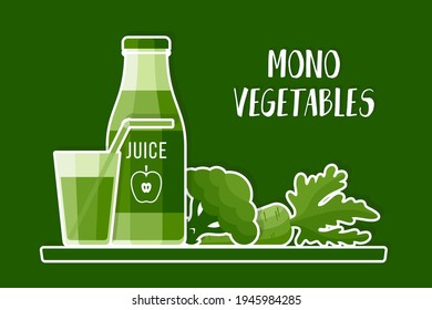 Healthy lifestyle, vegetarian food for weight loss. Vector illustration of fruits and vegetables, freshly squeezed juice. One color: green-02.