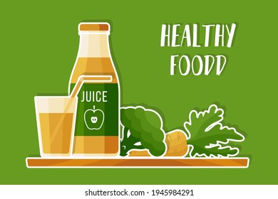 Healthy lifestyle, vegetarian food for weight loss. Vector illustration of fruits and vegetables, freshly squeezed juice. Two colors: orange, green-02.