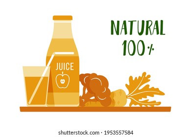 Healthy lifestyle, vegetarian food for weight loss. Vector illustration of fruits and vegetables, freshly squeezed juice. One color: orange-02
