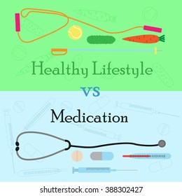Healthy lifestyle vs medication concept - vector illustration on diet, exercise 