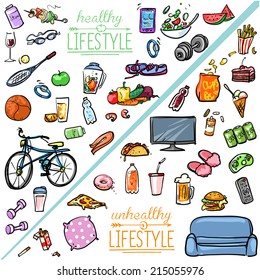 Healthy Lifestyle vs Unhealthy Lifestyle. Hand drawn cartoon collection