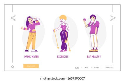 Healthy Lifestyle Website Landing Page. Wellbeing Components Drink Water, Exercise and Eat Healthy Food. Sports Activity Infographics Web Page Banner. Cartoon Flat Vector Illustration, Line Art
