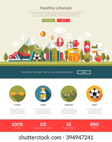 Healthy lifestyle website template with modern flat design banner, header, icons and other web vector elements
