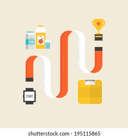 Healthy lifestyle and weight loss exercise concept, fitness diet and sport workout winning strategy. Flat design style modern vector illustration. Isolated on stylish color background.