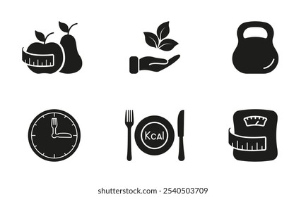 Estilo de vida saludable y pérdida de peso Iconos de glifos. Silueta de vida saludable y dieta conjunto de iconos con símbolos de frutas, fitness y nutrición. Ilustración vectorial aislada.