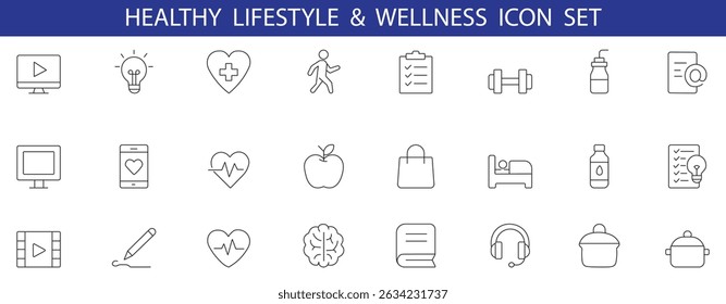 Healthy lifestyle and wellness icon set featuring fitness, mental health, nutrition, self-care, and routine essentials. Perfect for apps, infographics, and health-related projects.