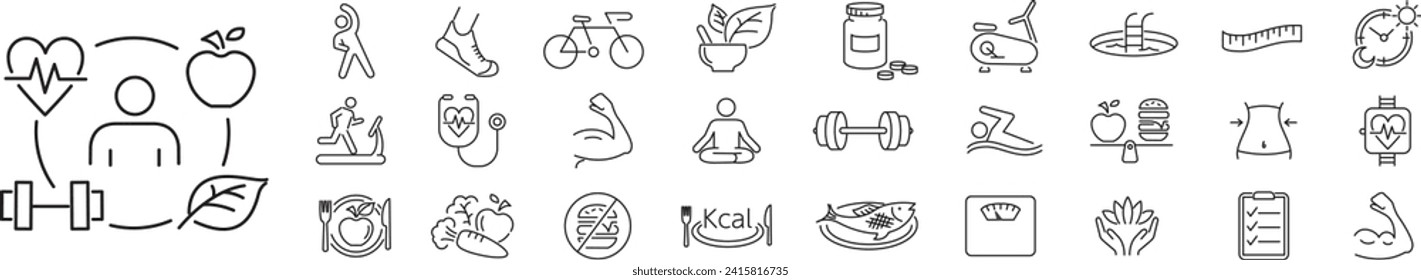 Healthy Lifestyle wellness relaxation health exercise yoga spa diet wellbeing editable line icons  collection.