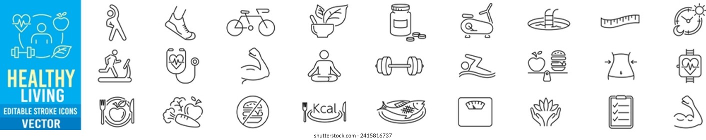 Healthy Lifestyle wellness relaxation health exercise yoga spa diet wellbeing editable line icons  collection.