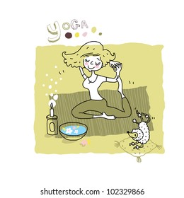 Healthy Lifestyle. Woman and a dog in suit practice yoga and relax. Vector drawing