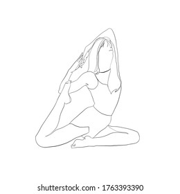 Healthy lifestyle. Woman doing yoga. Girl stretching. Linear silhouette of beauty female body in yoga position isolated on white background. Continuous line art. 