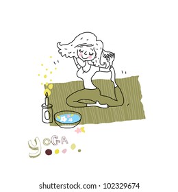 Healthy Lifestyle. Woman in suit practice yoga and relax. Vector drawing