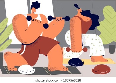Healthy lifestyle and workout at home concept. Young positive couple cartoon characters doing exercise with dumbbells training together at home practicing workout in pair vector illustration 
