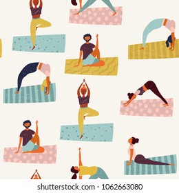Healthy lifestyle. World Health Day. Vector seamless pattern with yoga class with people meditating and doing breathing exercise.