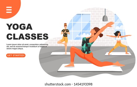 Healthy lifestyle and yoga concept. Sporty women practicing yoga. Girls doing various yoga poses. Fitness class. Website landing page design template. Cartoon vector illustration.