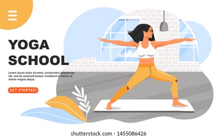 Healthy lifestyle and yoga concept. Sporty woman practicing yoga. Girl doing virabhadrasana warrior yoga pose. Fitness class. Website landing page design template. Cartoon vector illustration.