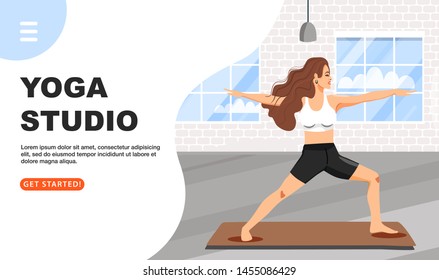 Healthy lifestyle and yoga concept. Sporty woman practicing yoga. Girl doing virabhadrasana warrior yoga pose. Fitness class. Website landing page design template. Cartoon vector illustration.