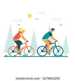 Healthy lifestyle with young man and woman  riding bicycle. Landing page design for cycling. Modern Vector illustration concept for websites. interface UX, UI screen template for mobile smart phone