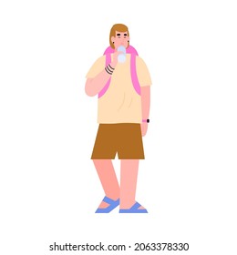 Healthy lifestyle. Young person with a backpack drinks clear drinking water from a bottle. Traveler or tourist enjoys the potable water. Flat isolated vector illustration
