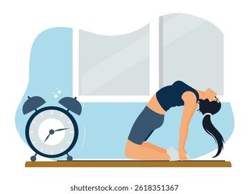 Healthy Lifestyle. Young woman doing morning aerobics and yoga at home. Flat vector illustration.