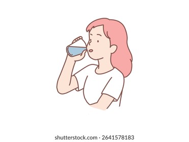Healthy lifestyle. Young woman drinking thirst quenching. Thirsty girl holding glass with refreshment drink, teenager staying hydrated after training. Hand drawn style vector design illustrations.