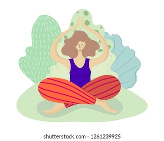 healthy lifestyle, young woman or girl in lotus position practicing meditation and yoga in park, illustration for banner, poster or website, hand drawing and flat style