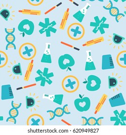Healthy light seamless pattern with colorful medical elements and icons in flat style vector illustration