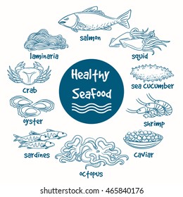 Healthy line doodle seafood. Vector hand drawn food of sea. Fish and seaweed, shrimp and shellfish