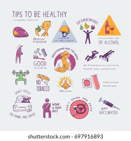 healthy live style, colorful hand drawn icons set, isolated vector illustrations emblems.
