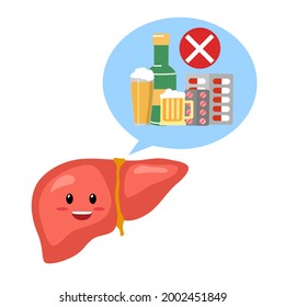 Healthy liver cartoon character with prohibited sign of alcohol drink and medicine in flat design on white background. Do not damage your liver concept.