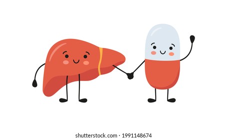 Healthy liver and happy smiling medicine pill characters hold hands. Kawaii medicine capsule and cute liver characters. Help with hepatitis. Vector isolated illustration on white background.