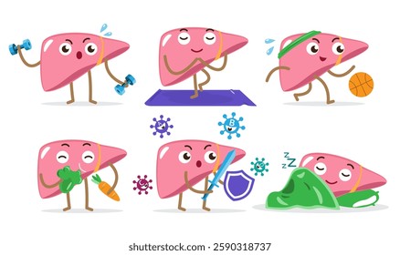 Healthy liver . Set of cute medical cartoon characters . Isolated white background . Vector .