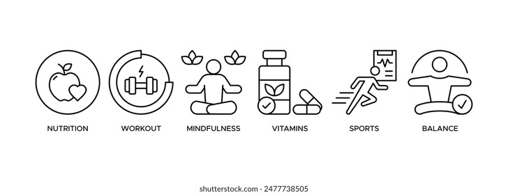 Concepto de ilustración del ícono del Web del Anuncio de vida saludable con el ícono de la nutrición, el deporte, el ejercicio, la vitamina, no fumar, el equilibrio, el peso, el relax y el estilo de vida