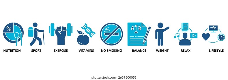 Healthy living banner web icon vector illustration concept with icon of nutrition, sport, exercise, vitamin, no smoking, balance, weight, relax and lifestyle